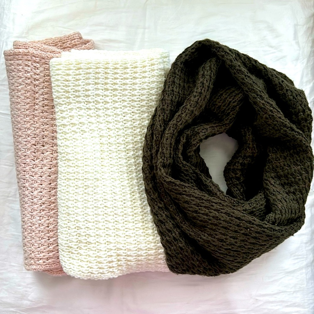 Set of Three Unisex Infinity Knitted Scarves in Light Pink, Cream, Forrest Green